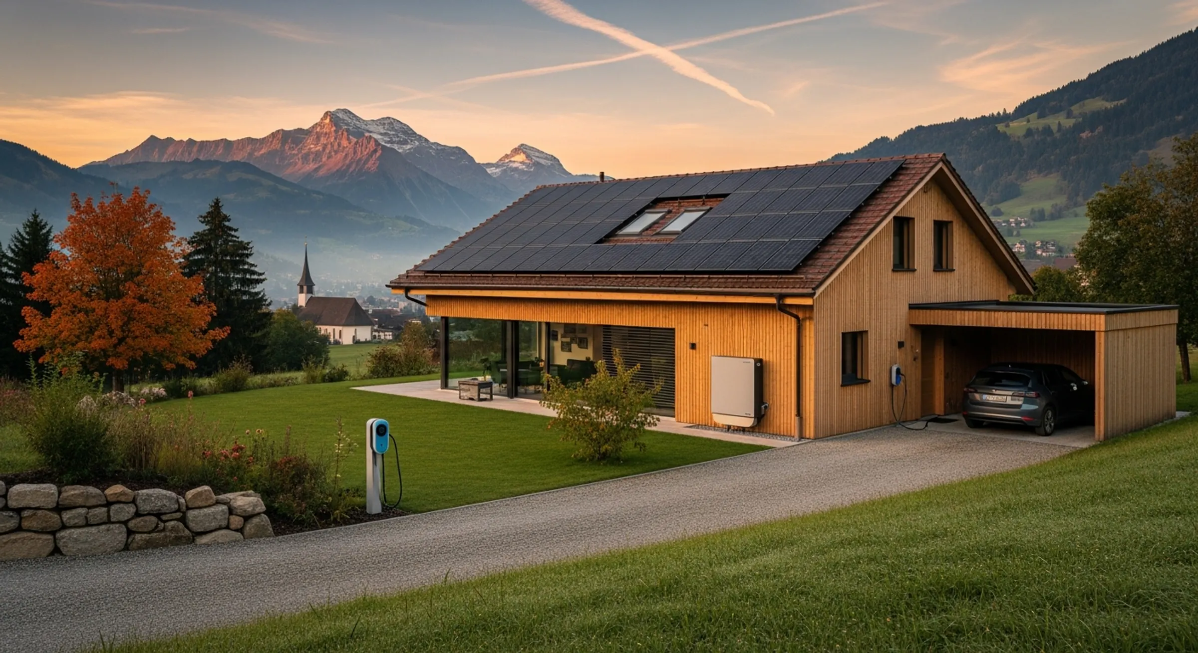 Modernes Schweizer Einfamilienhaus mit Photovoltaik-Anlage, Wärmepumpe und E-Auto-Ladestation in der Abendsonne.